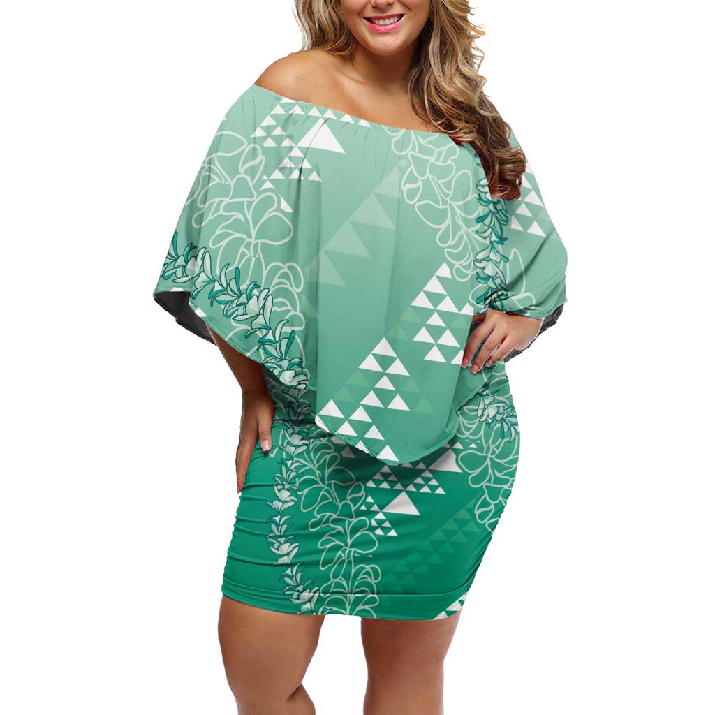 Hawaii Jade Green Kapa Off Shoulder Short Dress Vintage 'Ohe Kāpala Motifs Mix Plumeria Leis LT7 Women Jade Green - Polynesian Pride