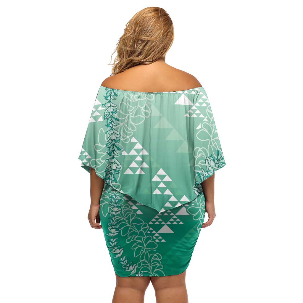 Hawaii Jade Green Kapa Off Shoulder Short Dress Vintage 'Ohe Kāpala Motifs Mix Plumeria Leis LT7 - Polynesian Pride