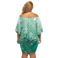 Hawaii Jade Green Kapa Off Shoulder Short Dress Vintage 'Ohe Kāpala Motifs Mix Plumeria Leis LT7 - Polynesian Pride