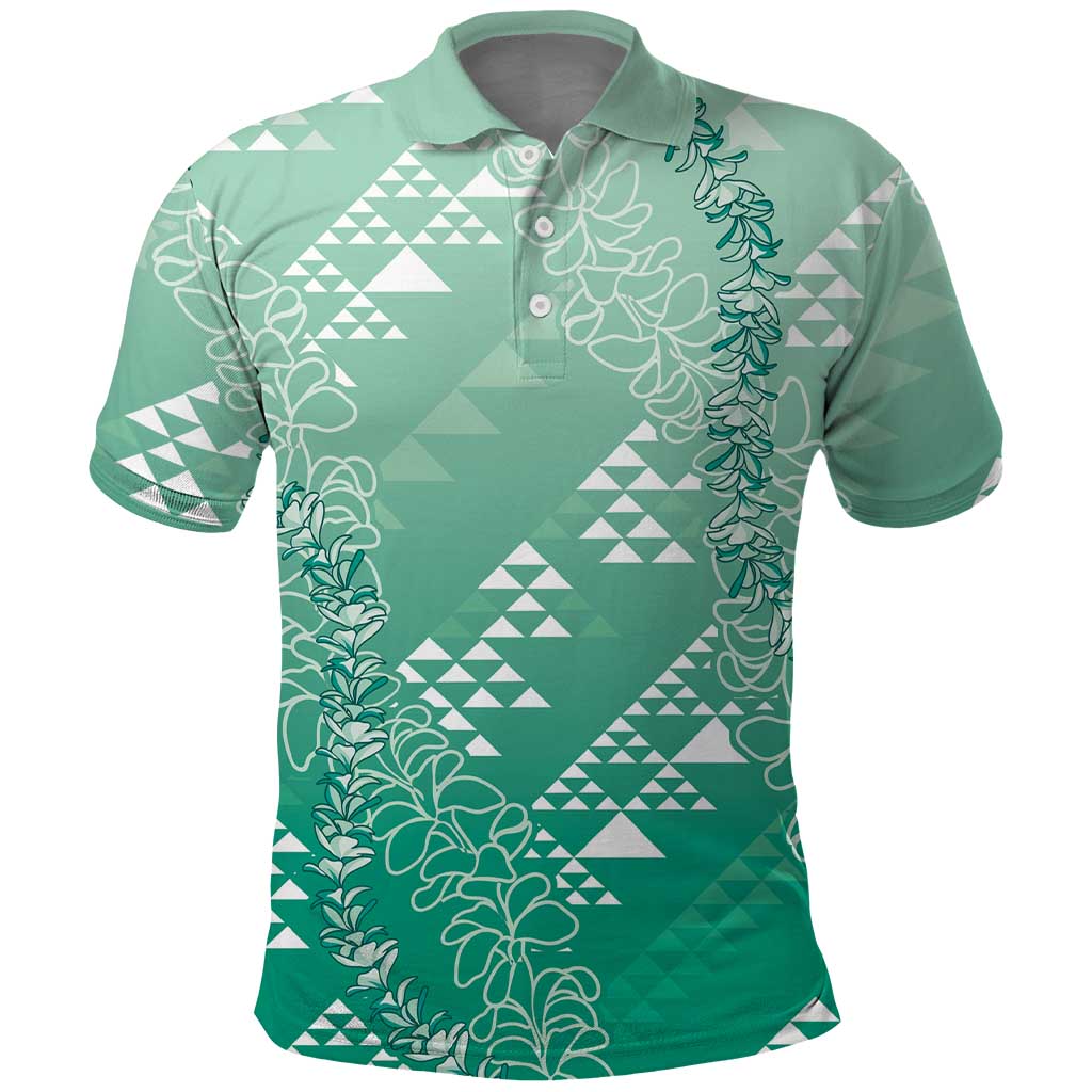 Hawaii Jade Green Kapa Polo Shirt Vintage 'Ohe Kāpala Motifs Mix Plumeria Leis LT7 Jade Green - Polynesian Pride