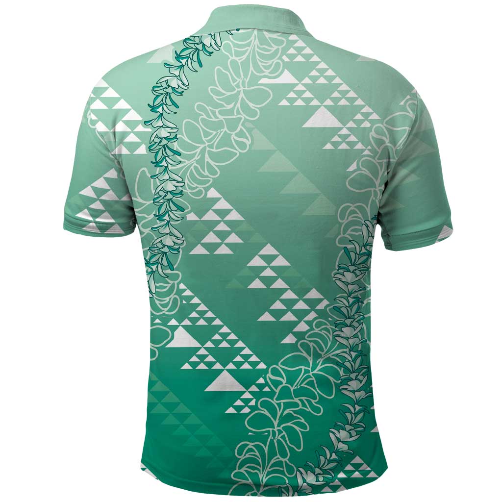 Hawaii Jade Green Kapa Polo Shirt Vintage 'Ohe Kāpala Motifs Mix Plumeria Leis LT7 - Polynesian Pride