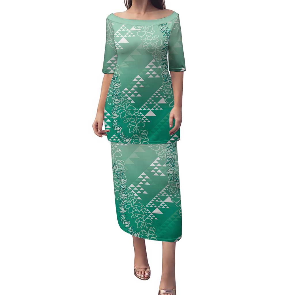Hawaii Jade Green Kapa Puletasi Vintage 'Ohe Kāpala Motifs Mix Plumeria Leis LT7 Long Dress Jade Green - Polynesian Pride