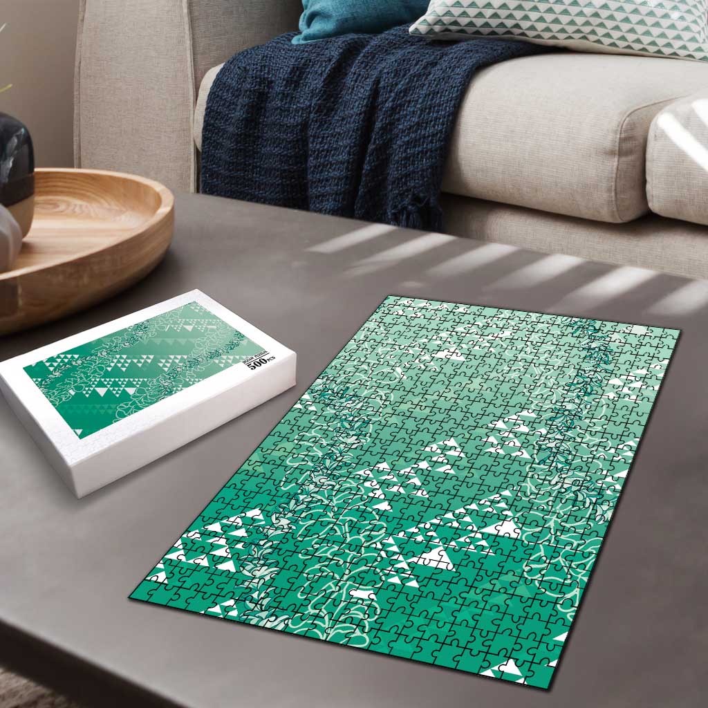 Hawaii Jade Green Kapa Puzzle Vintage 'Ohe Kāpala Motifs Mix Plumeria Leis