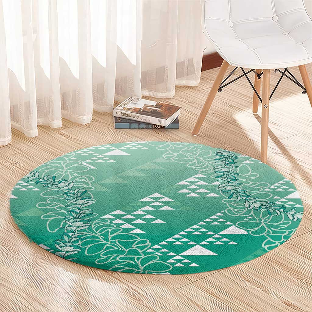 Hawaii Jade Green Kapa Round Carpet Vintage 'Ohe Kāpala Motifs Mix Plumeria Leis LT7 - Polynesian Pride