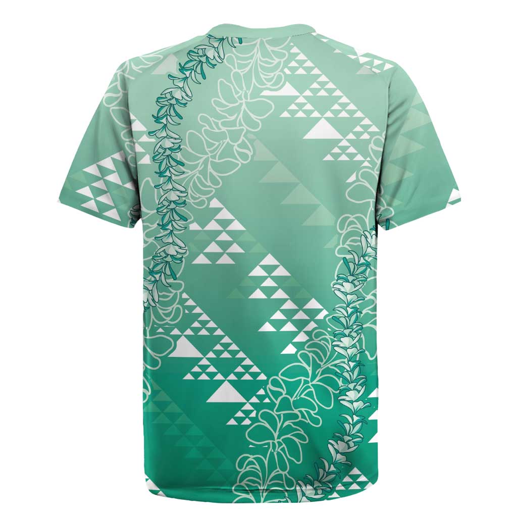 Hawaii Jade Green Kapa Rugby Jersey Vintage 'Ohe Kāpala Motifs Mix Plumeria Leis LT7 - Polynesian Pride
