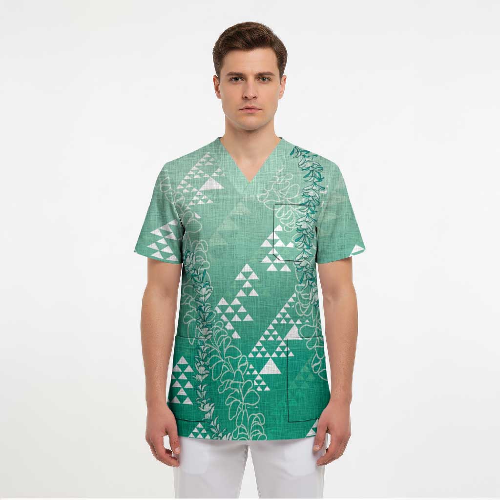 Hawaii Jade Green Kapa Scrub Top Vintage 'Ohe Kāpala Motifs Mix Plumeria Leis