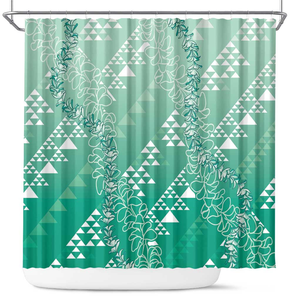 Hawaii Jade Green Kapa Shower Curtain Vintage 'Ohe Kāpala Motifs Mix Plumeria Leis