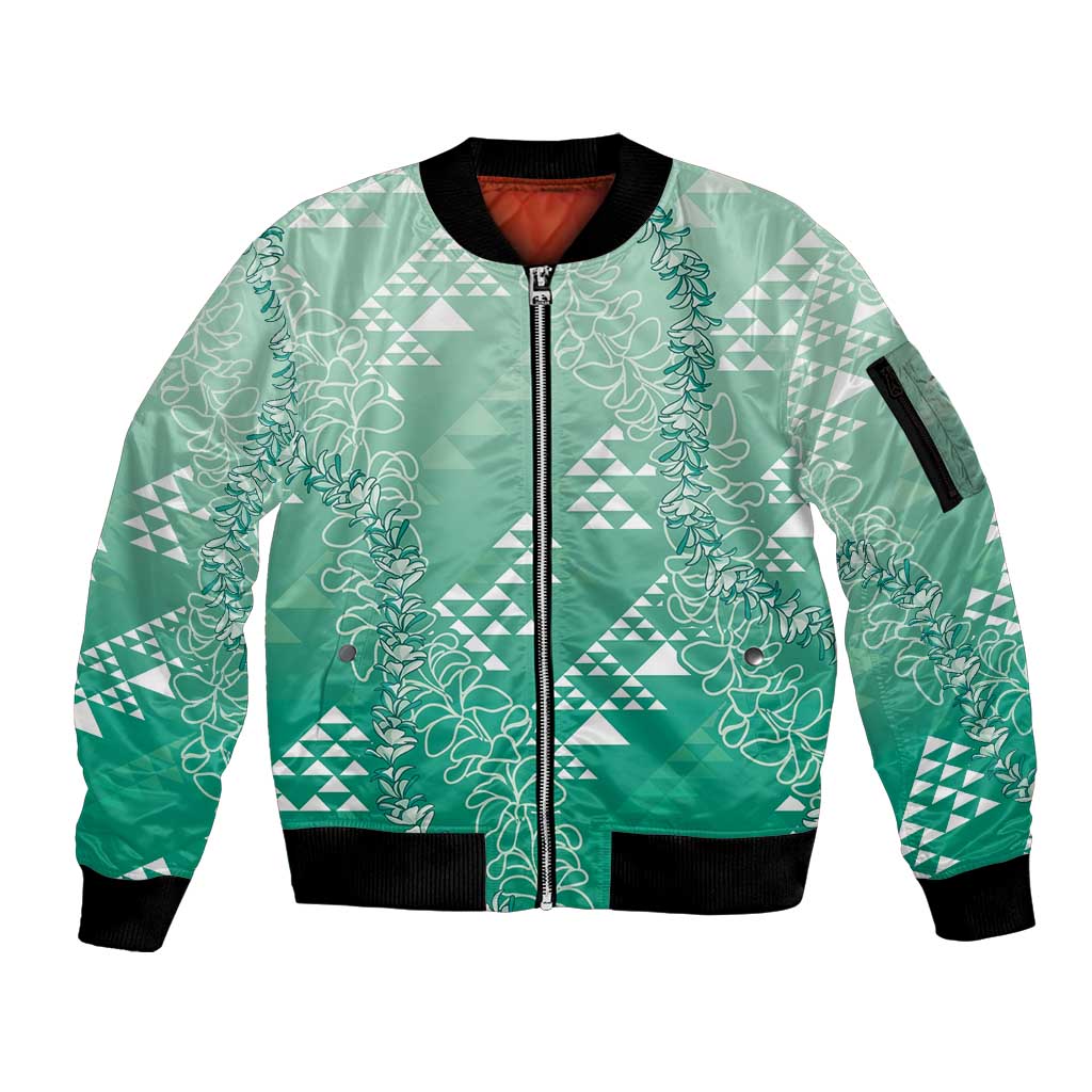 Hawaii Jade Green Kapa Sleeve Zip Bomber Jacket Vintage 'Ohe Kāpala Motifs Mix Plumeria Leis LT7 Unisex Jade Green - Polynesian Pride