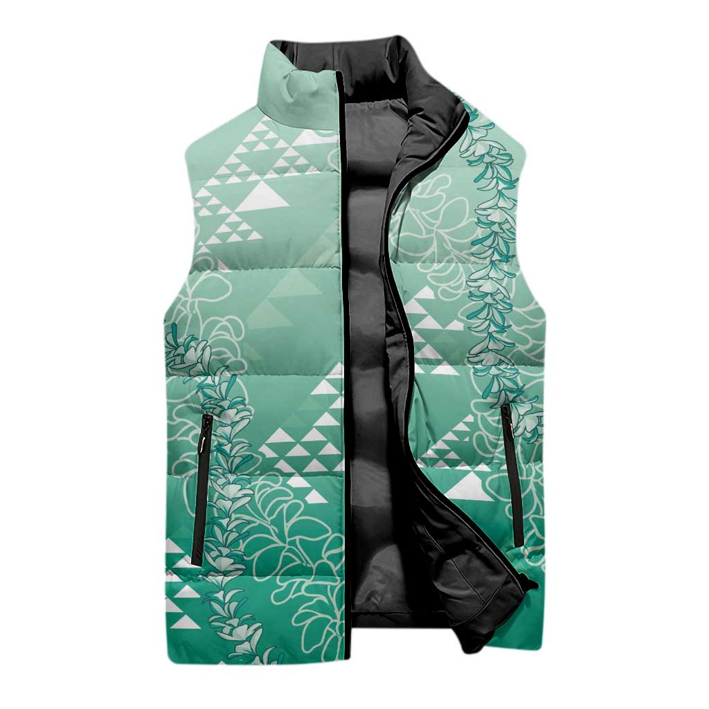 Hawaii Jade Green Kapa Sleeveless Puffer Jacket Vintage 'Ohe Kāpala Motifs Mix Plumeria Leis LT7 - Polynesian Pride