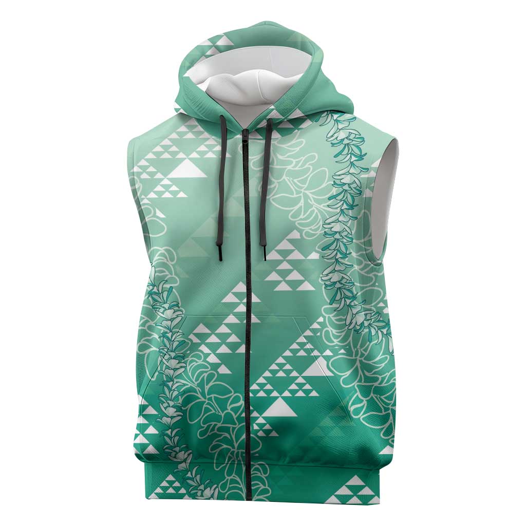 Hawaii Jade Green Kapa Sleeveless Zip Hoodie Vintage 'Ohe Kāpala Motifs Mix Plumeria Leis