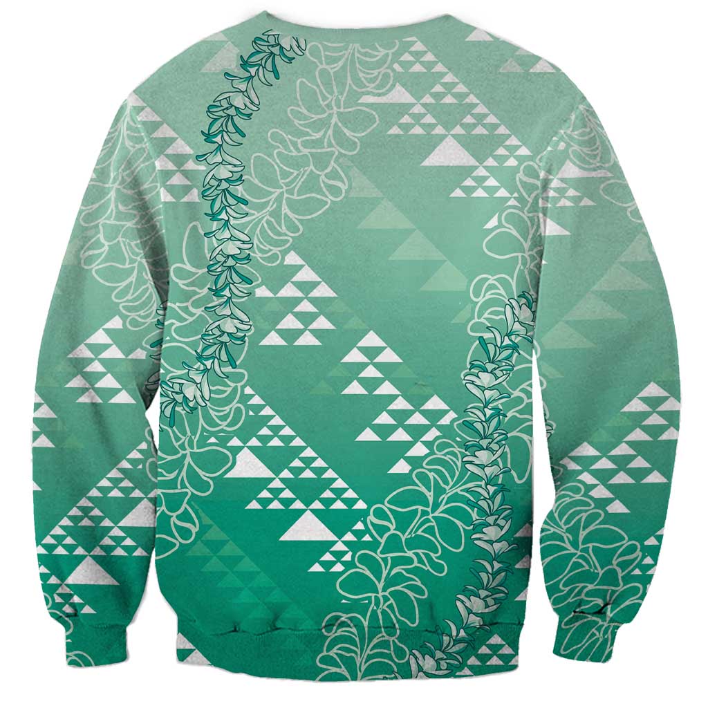 Hawaii Jade Green Kapa Sweatshirt Vintage 'Ohe Kāpala Motifs Mix Plumeria Leis