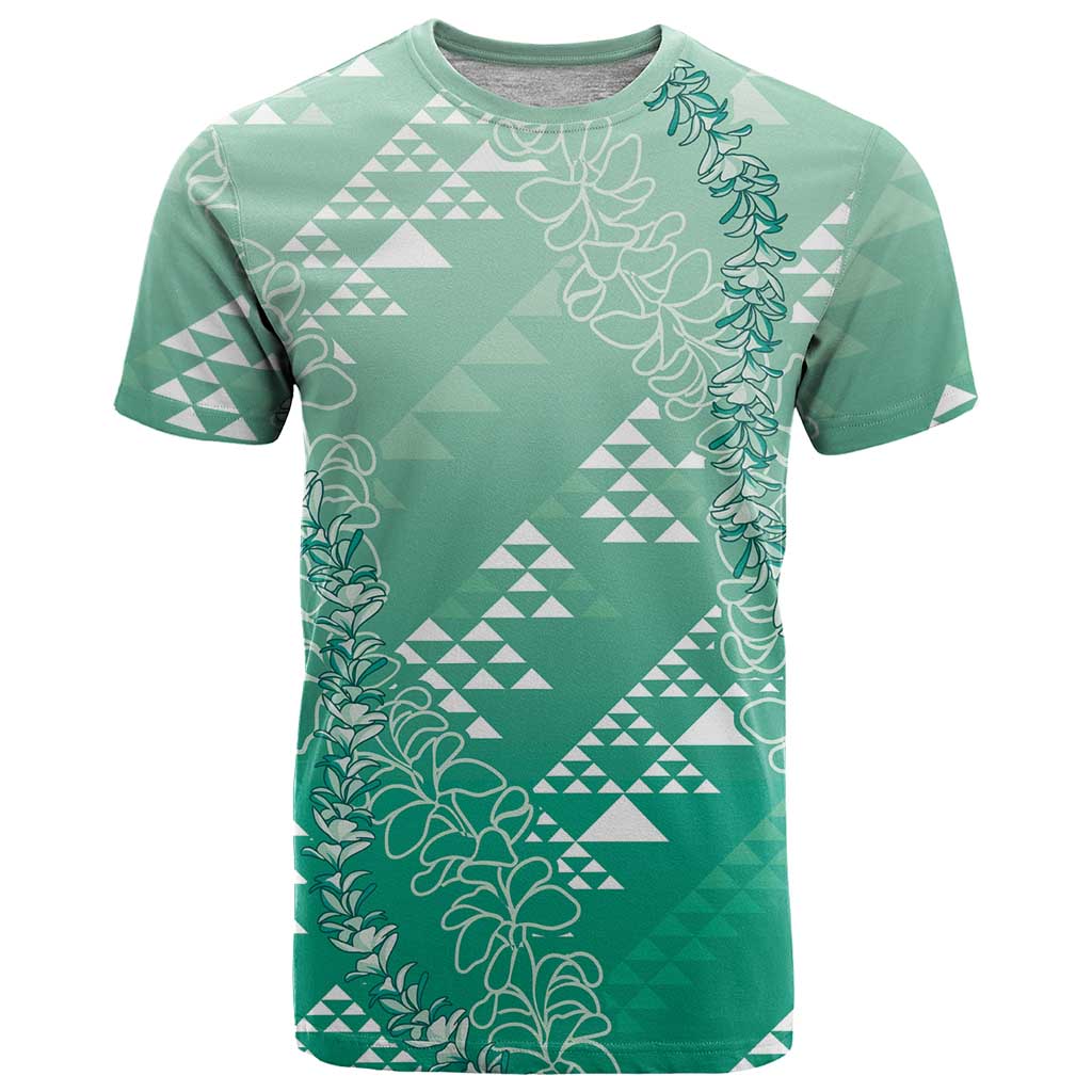 Hawaii Jade Green Kapa T Shirt Vintage 'Ohe Kāpala Motifs Mix Plumeria Leis
