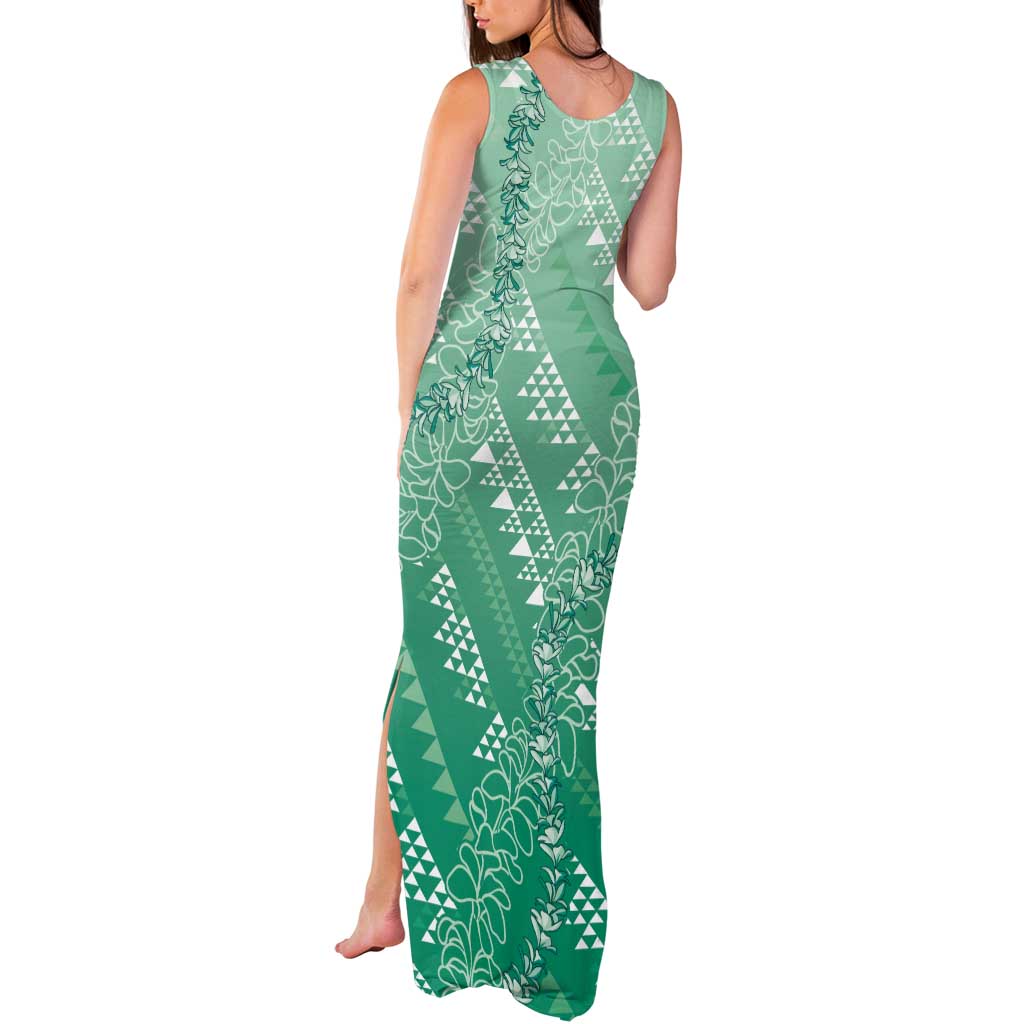 Hawaii Jade Green Kapa Tank Maxi Dress Vintage 'Ohe Kāpala Motifs Mix Plumeria Leis LT7 - Polynesian Pride