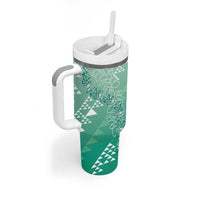 Hawaii Jade Green Kapa Tumbler With Handle Vintage 'Ohe Kāpala Motifs Mix Plumeria Leis LT7 - Polynesian Pride