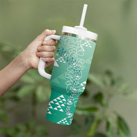 Hawaii Jade Green Kapa Tumbler With Handle Vintage 'Ohe Kāpala Motifs Mix Plumeria Leis LT7 - Polynesian Pride