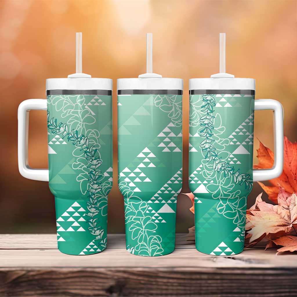 Hawaii Jade Green Kapa Tumbler With Handle Vintage 'Ohe Kāpala Motifs Mix Plumeria Leis LT7 - Polynesian Pride