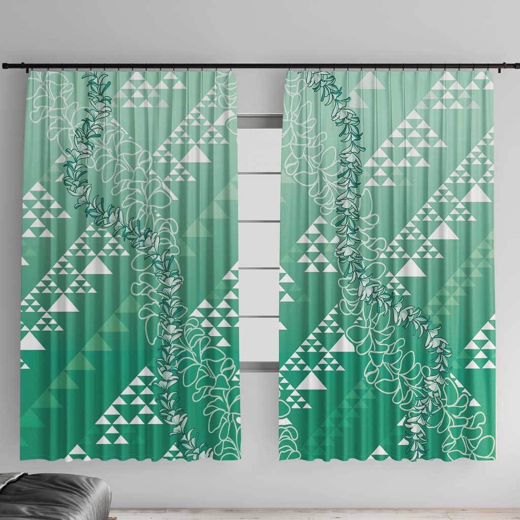 Hawaii Jade Green Kapa Window Curtain Vintage 'Ohe Kāpala Motifs Mix Plumeria Leis
