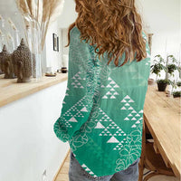 Hawaii Jade Green Kapa Women Casual Shirt Vintage 'Ohe Kāpala Motifs Mix Plumeria Leis LT7 - Polynesian Pride