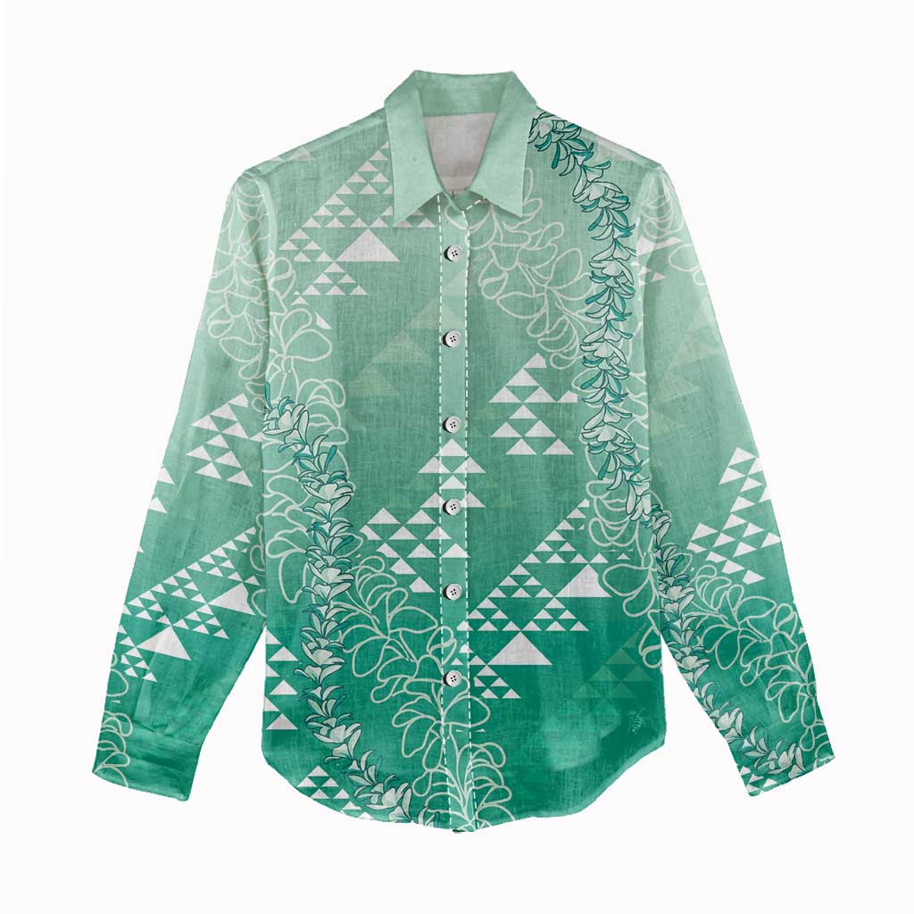 Hawaii Jade Green Kapa Women Casual Shirt Vintage 'Ohe Kāpala Motifs Mix Plumeria Leis LT7 - Polynesian Pride