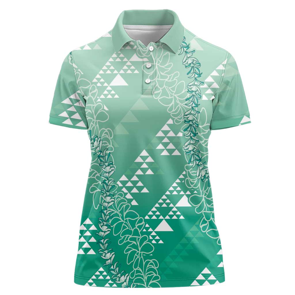Hawaii Jade Green Kapa Women Polo Shirt Vintage 'Ohe Kāpala Motifs Mix Plumeria Leis LT7 Female Jade Green - Polynesian Pride