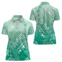Hawaii Jade Green Kapa Women Polo Shirt Vintage 'Ohe Kāpala Motifs Mix Plumeria Leis LT7 - Polynesian Pride