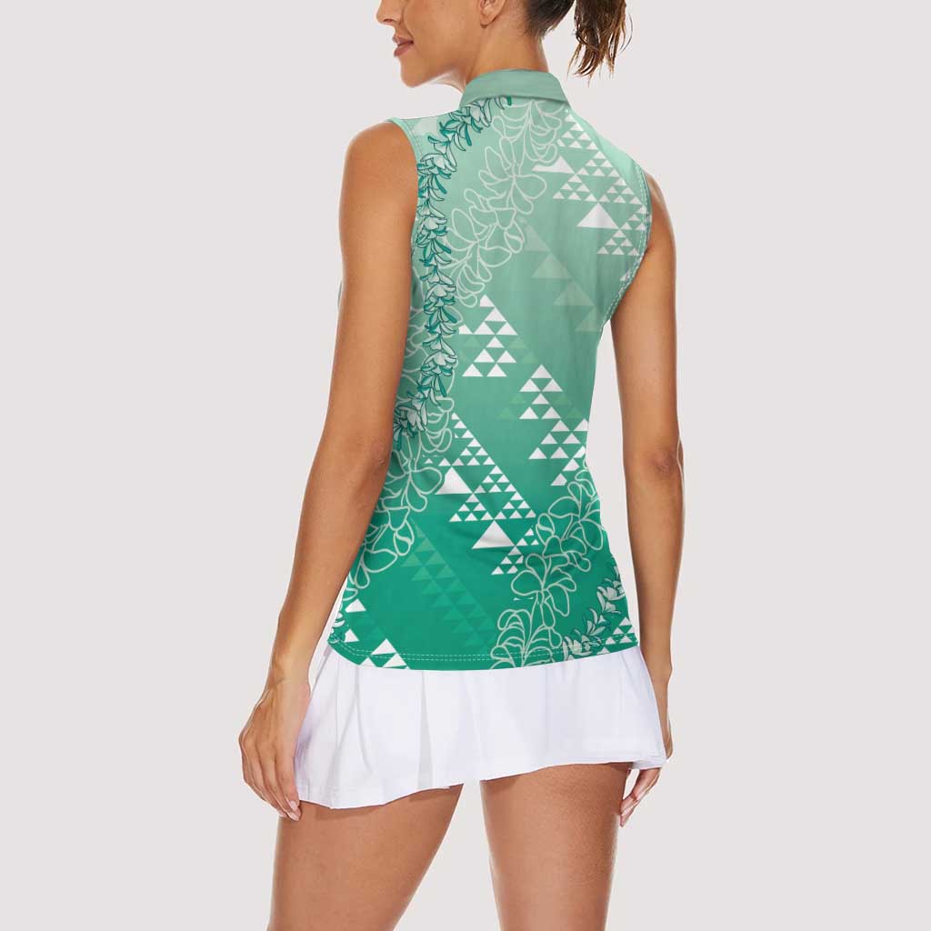 Hawaii Jade Green Kapa Women Sleeveless Polo Shirt Vintage 'Ohe Kāpala Motifs Mix Plumeria Leis LT7 - Polynesian Pride