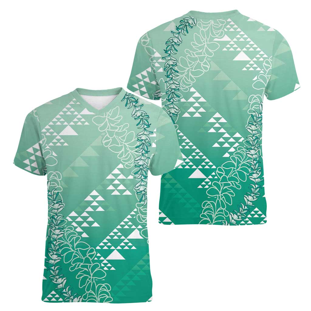 Hawaii Jade Green Kapa Women V-Neck T-Shirt Vintage 'Ohe Kāpala Motifs Mix Plumeria Leis LT7 - Polynesian Pride