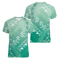 Hawaii Jade Green Kapa Women V-Neck T-Shirt Vintage 'Ohe Kāpala Motifs Mix Plumeria Leis LT7 - Polynesian Pride