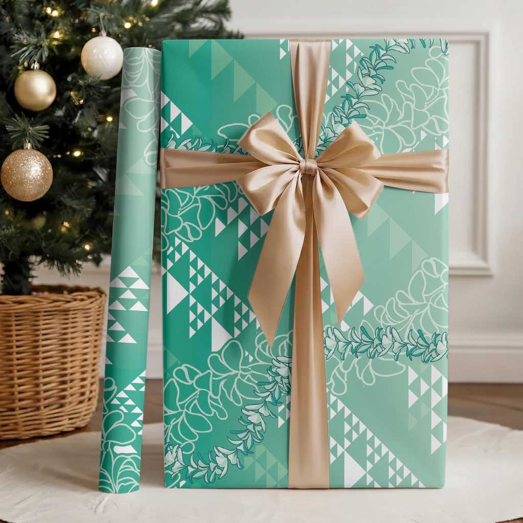 Hawaii Kapa Vintage Motifs Mix Plumeria Leis Wrapping Paper Jade Green