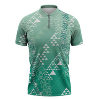 Hawaii Jade Green Kapa Zipper Polo Shirt Vintage 'Ohe Kāpala Motifs Mix Plumeria Leis LT7 Jade Green - Polynesian Pride