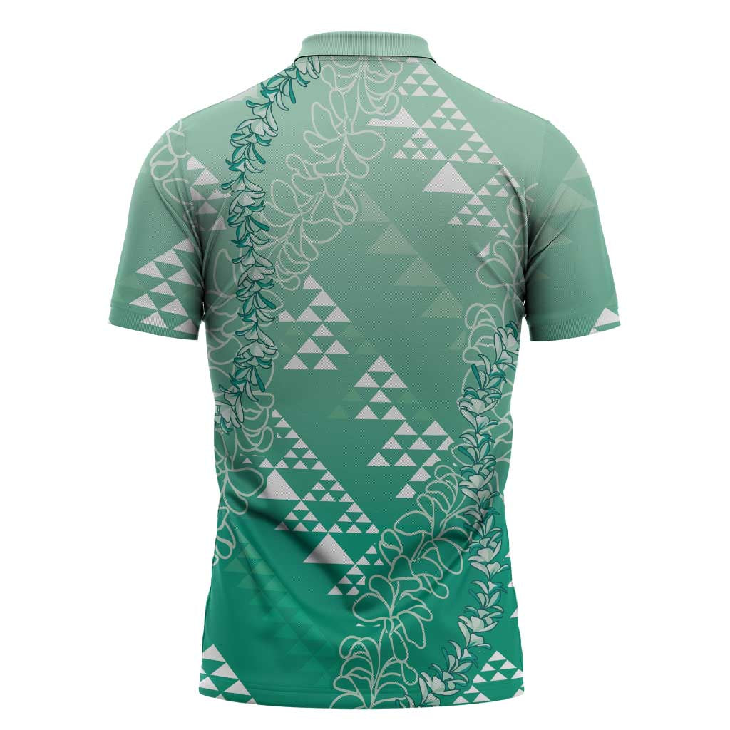 Hawaii Jade Green Kapa Zipper Polo Shirt Vintage 'Ohe Kāpala Motifs Mix Plumeria Leis LT7 - Polynesian Pride