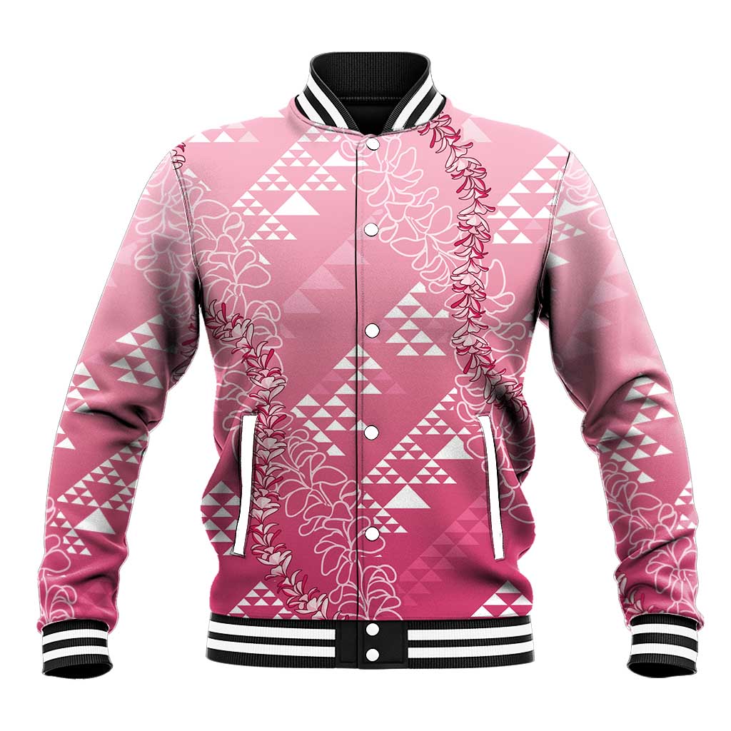 Hawaii Rose Pink Kapa Baseball Jacket Vintage 'Ohe Kāpala Motifs Mix Plumeria Leis