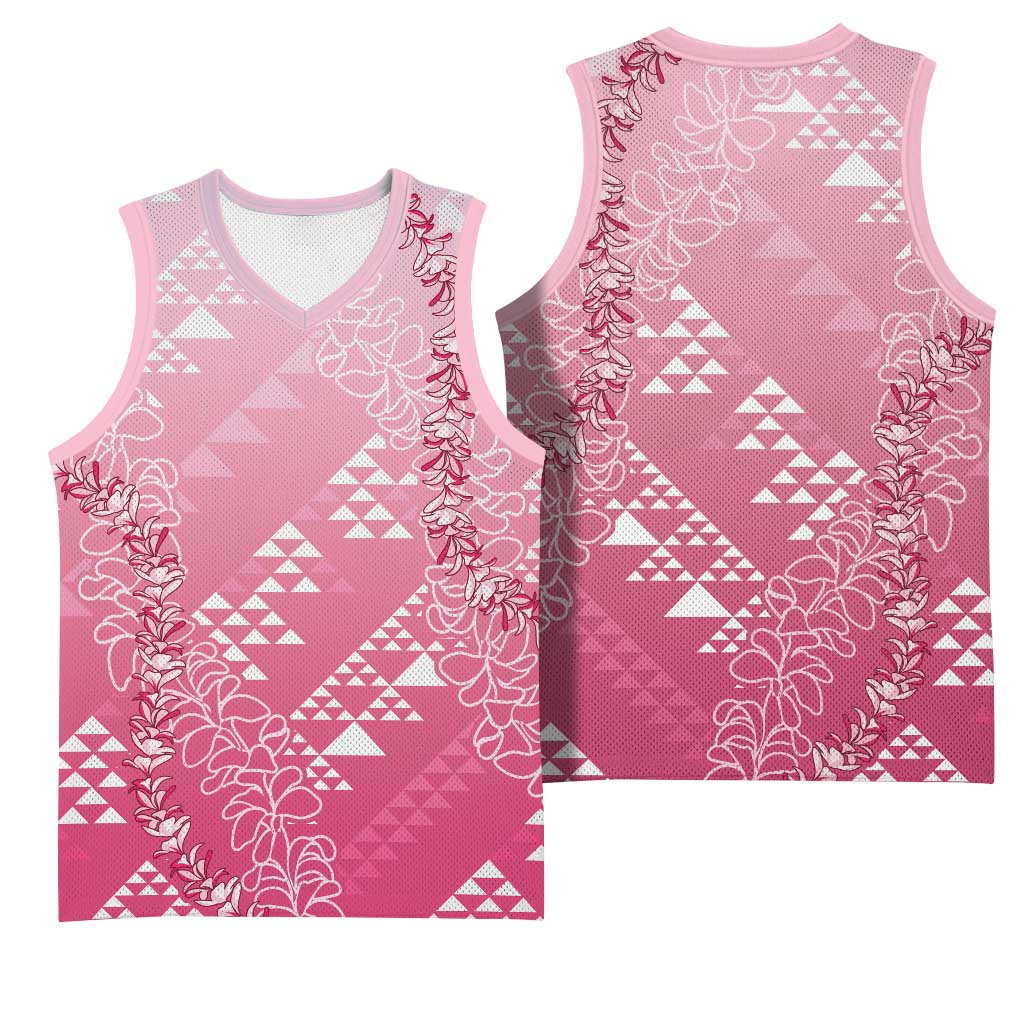 Hawaii Rose Pink Kapa Basketball Jersey Vintage 'Ohe Kāpala Motifs Mix Plumeria Leis LT7 - Polynesian Pride