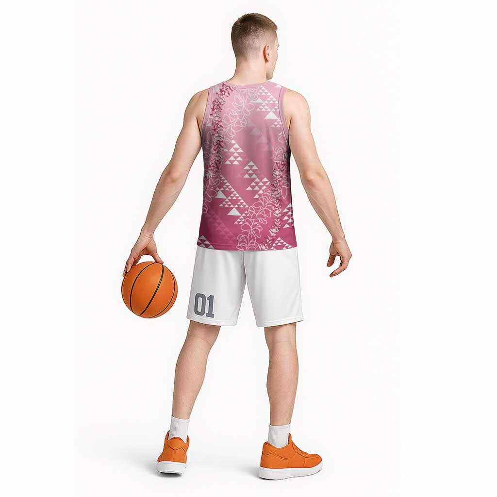 Hawaii Rose Pink Kapa Basketball Jersey Vintage 'Ohe Kāpala Motifs Mix Plumeria Leis LT7 - Polynesian Pride