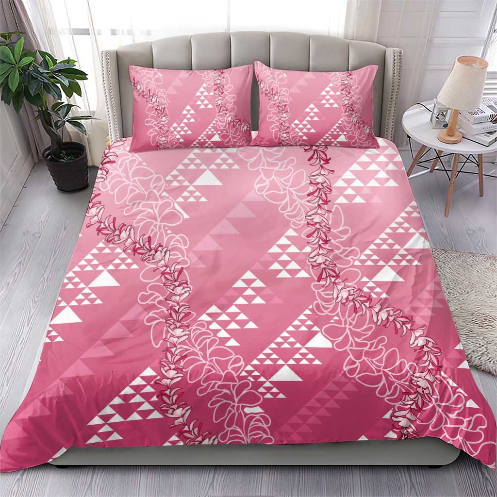 Hawaii Rose Pink Kapa Bedding Set Vintage 'Ohe Kāpala Motifs Mix Plumeria Leis