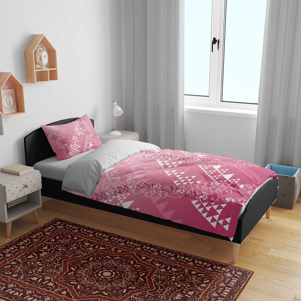 Hawaii Rose Pink Kapa Bedding Set Vintage 'Ohe Kāpala Motifs Mix Plumeria Leis
