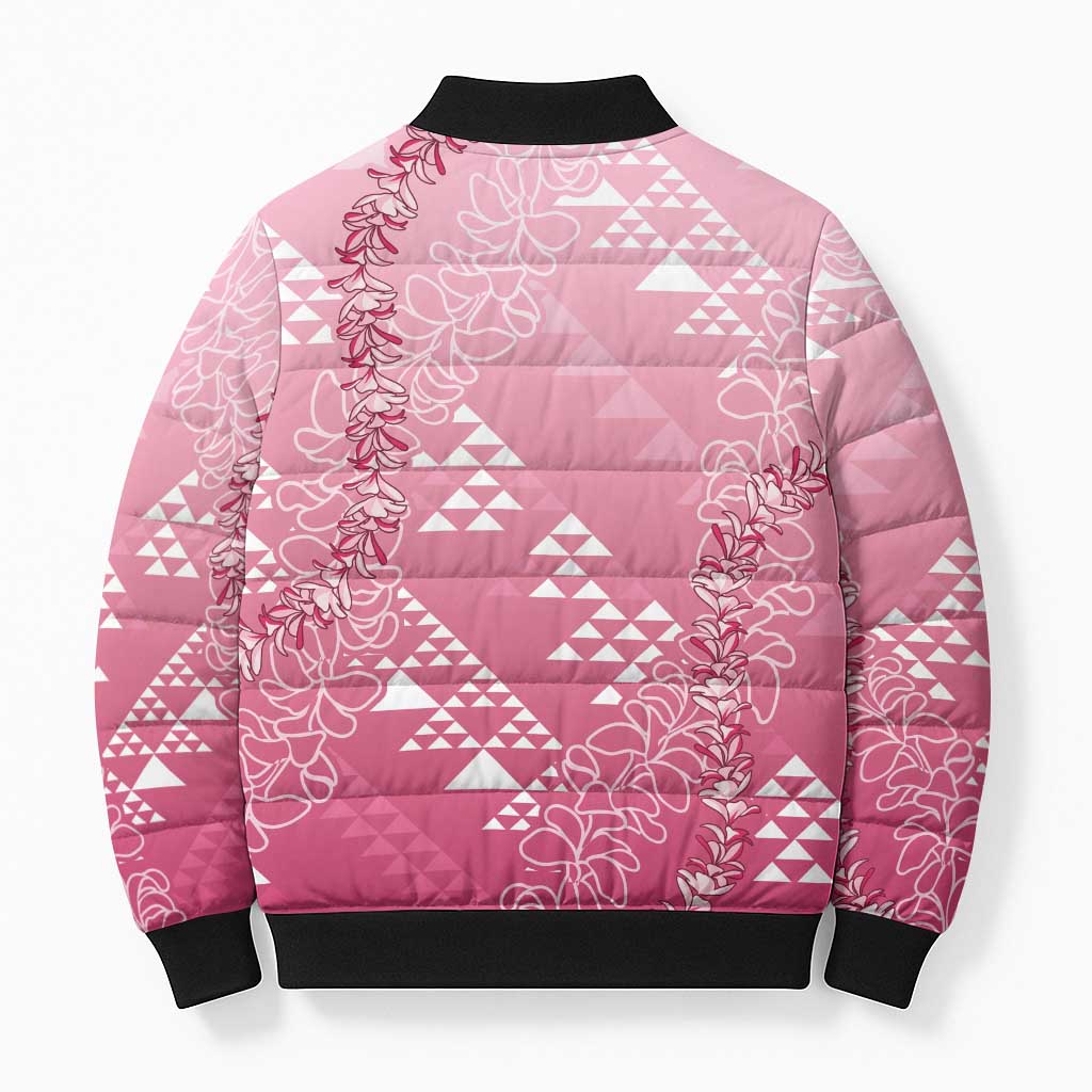Hawaii Rose Pink Kapa Bomber Puffer Jacket Vintage 'Ohe Kāpala Motifs Mix Plumeria Leis