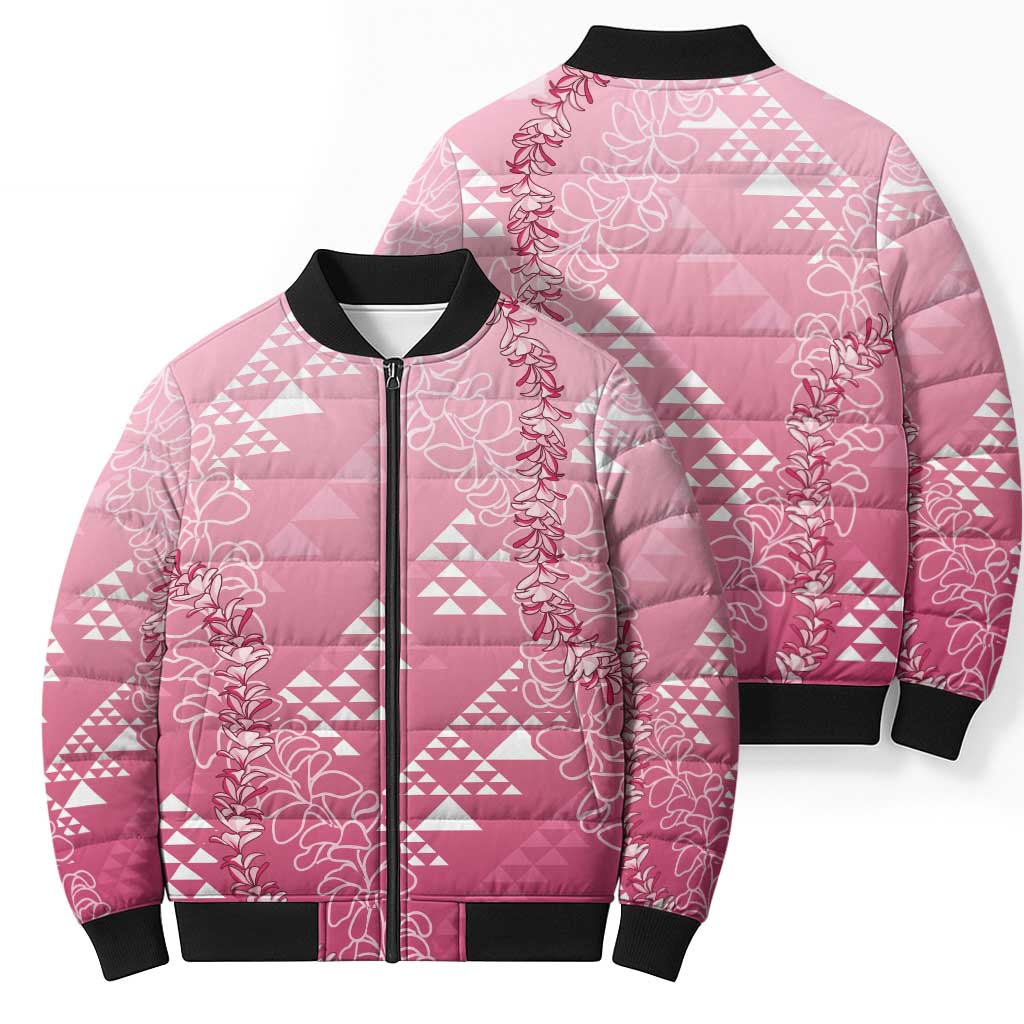 Hawaii Rose Pink Kapa Bomber Puffer Jacket Vintage 'Ohe Kāpala Motifs Mix Plumeria Leis