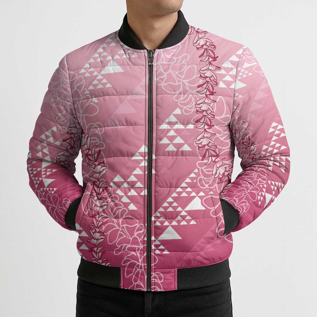 Hawaii Rose Pink Kapa Bomber Puffer Jacket Vintage 'Ohe Kāpala Motifs Mix Plumeria Leis