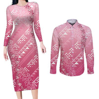 Hawaii Rose Pink Kapa Couples Matching Long Sleeve Bodycon Dress and Long Sleeve Button Shirt Vintage 'Ohe Kāpala Motifs Mix Plumeria Leis LT7 Rose Pink - Polynesian Pride