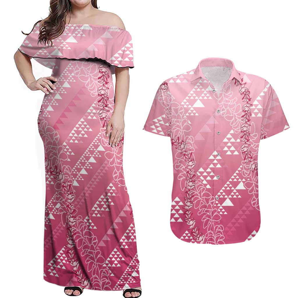 Hawaii Rose Pink Kapa Couples Matching Off Shoulder Maxi Dress and Hawaiian Shirt Vintage 'Ohe Kāpala Motifs Mix Plumeria Leis