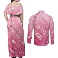 Hawaii Rose Pink Kapa Couples Matching Off Shoulder Maxi Dress and Long Sleeve Button Shirt Vintage 'Ohe Kāpala Motifs Mix Plumeria Leis LT7 - Polynesian Pride