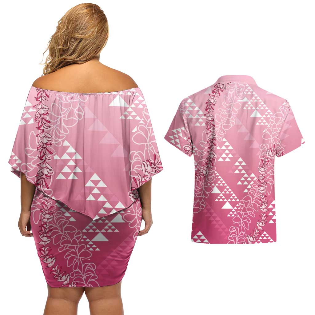 Hawaii Rose Pink Kapa Couples Matching Off Shoulder Short Dress and Hawaiian Shirt Vintage 'Ohe Kāpala Motifs Mix Plumeria Leis LT7 - Polynesian Pride