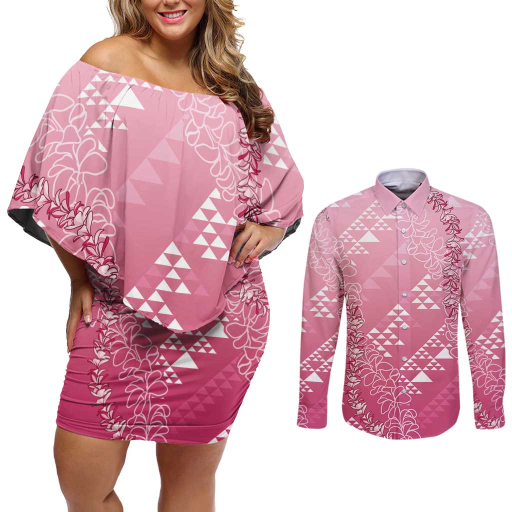 Hawaii Rose Pink Kapa Couples Matching Off Shoulder Short Dress and Long Sleeve Button Shirt Vintage 'Ohe Kāpala Motifs Mix Plumeria Leis LT7 Rose Pink - Polynesian Pride