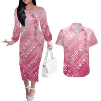 Hawaii Rose Pink Kapa Couples Matching Off The Shoulder Long Sleeve Dress and Hawaiian Shirt Vintage 'Ohe Kāpala Motifs Mix Plumeria Leis LT7 Rose Pink - Polynesian Pride