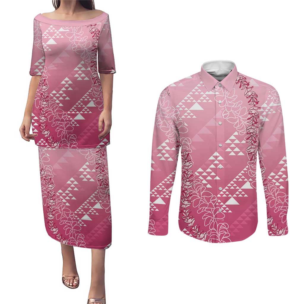 Hawaii Rose Pink Kapa Couples Matching Puletasi and Long Sleeve Button Shirt Vintage 'Ohe Kāpala Motifs Mix Plumeria Leis LT7 Rose Pink - Polynesian Pride