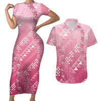 Hawaii Rose Pink Kapa Couples Matching Short Sleeve Bodycon Dress and Hawaiian Shirt Vintage 'Ohe Kāpala Motifs Mix Plumeria Leis LT7 Rose Pink - Polynesian Pride