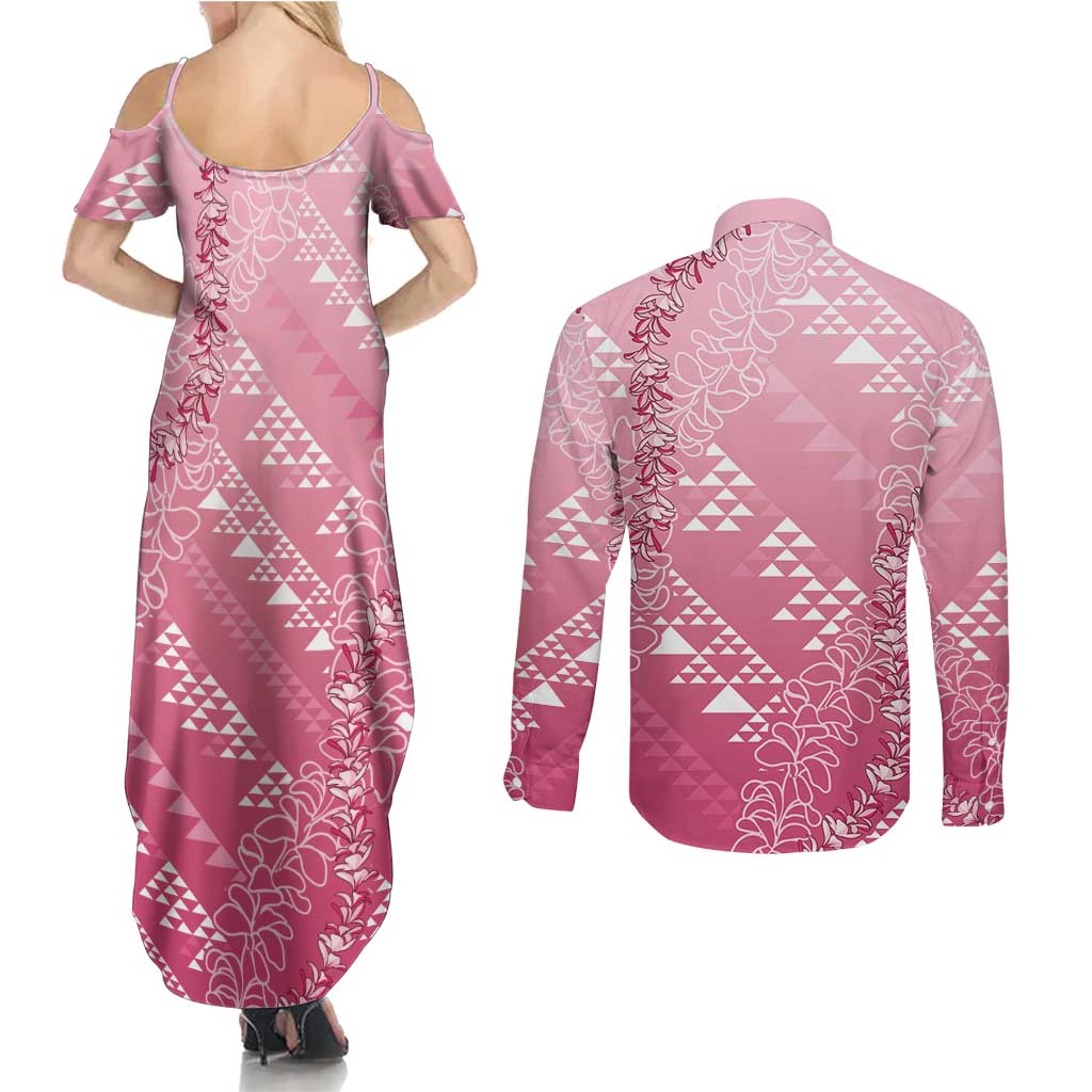 Hawaii Rose Pink Kapa Couples Matching Summer Maxi Dress and Long Sleeve Button Shirt Vintage 'Ohe Kāpala Motifs Mix Plumeria Leis LT7 - Polynesian Pride