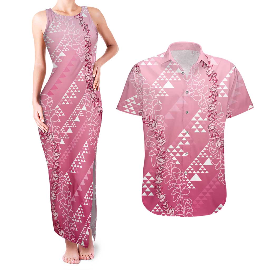 Hawaii Rose Pink Kapa Couples Matching Tank Maxi Dress and Hawaiian Shirt Vintage 'Ohe Kāpala Motifs Mix Plumeria Leis