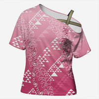 Hawaii Rose Pink Kapa Cross Shoulder Shirt Vintage 'Ohe Kāpala Motifs Mix Plumeria Leis LT7 Female Rose Pink - Polynesian Pride